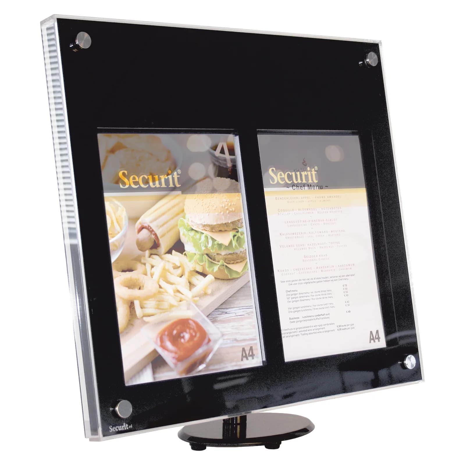 Securit® Presentador LED - acrílico Negro - pie de mesa incluido (o kit montaje mural) - 2xA4