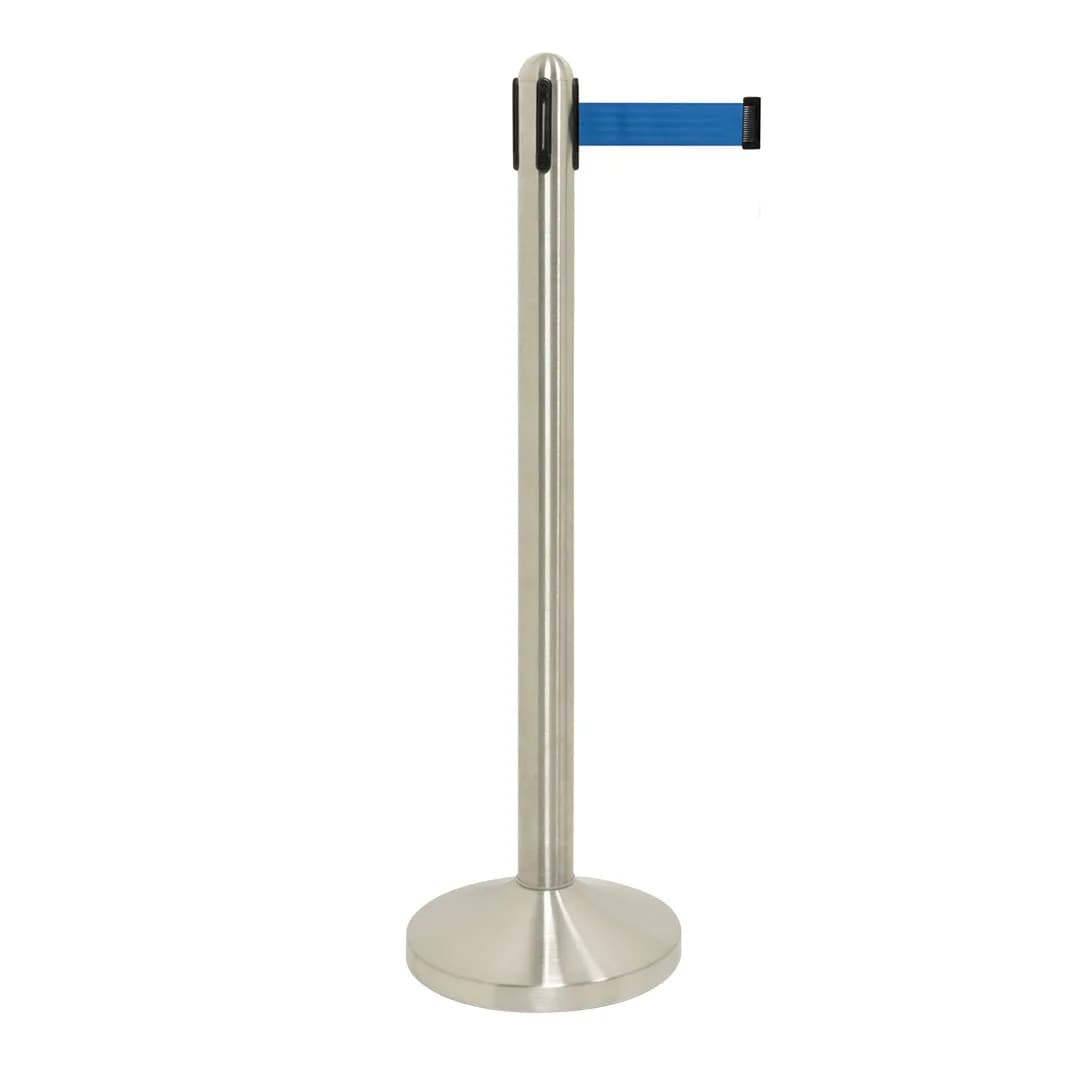 Securit® Poteau d'accueil Rétractable - Chrome - Bande nylon 200cm Bleue - Ensemble pied + socle