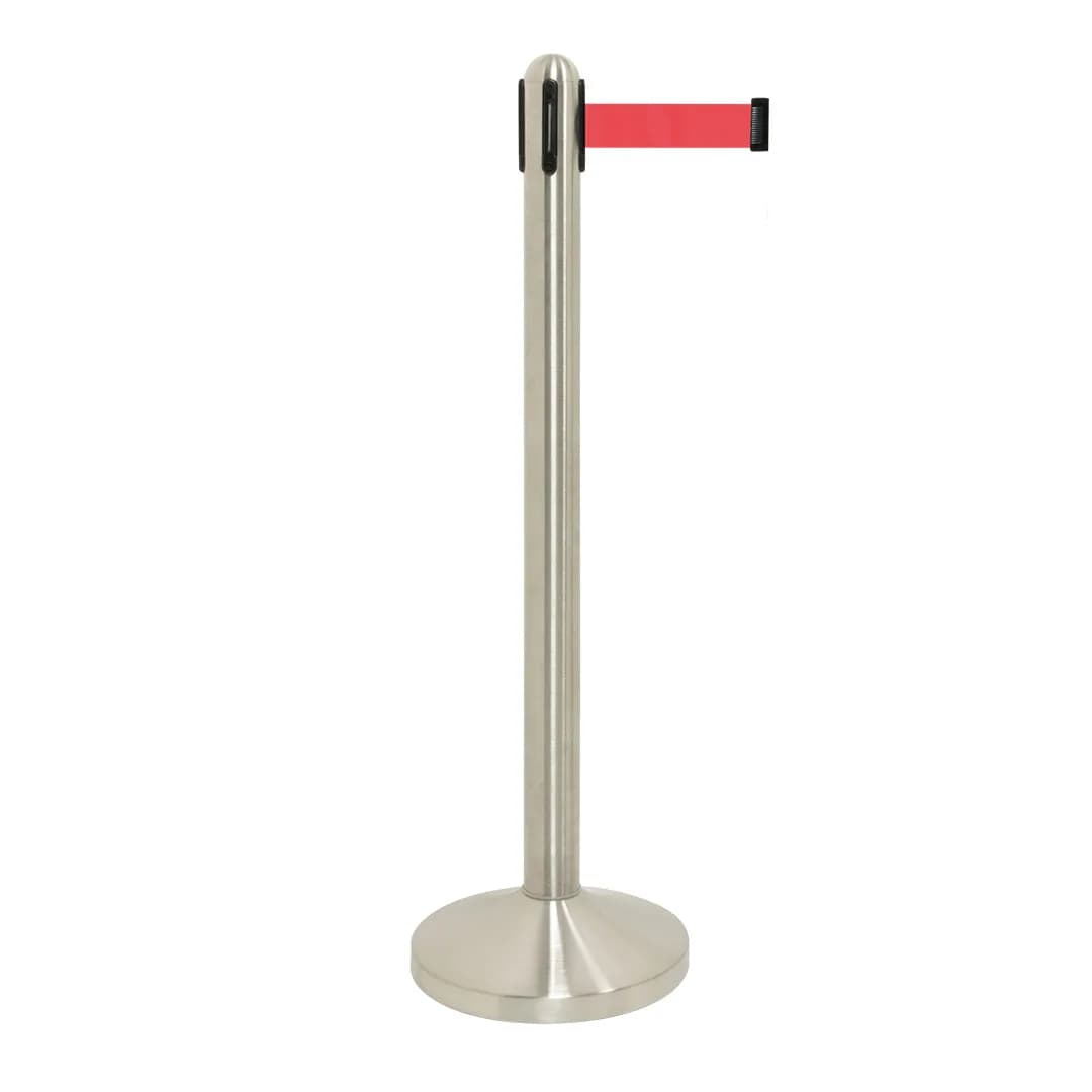 Securit® Poteau d'accueil Rétractable - Chrome - Bande nylon 200cm Rouge - Ensemble pied + socle